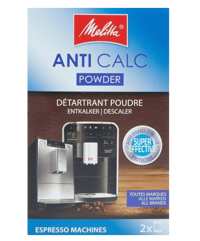 Melitta Anti Calc Reinigungspulver – Entkalker für Kaffeevollautomaten & Kaffeemaschinen, effektive Kalkentfernung, 2 x 40g Beutel