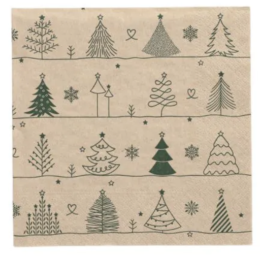Servietten, 3-lagig 1/4-Falz 33 cm x 33 cm natur "Various X-Mas Trees" aus recyceltem Papier 20 Stk.